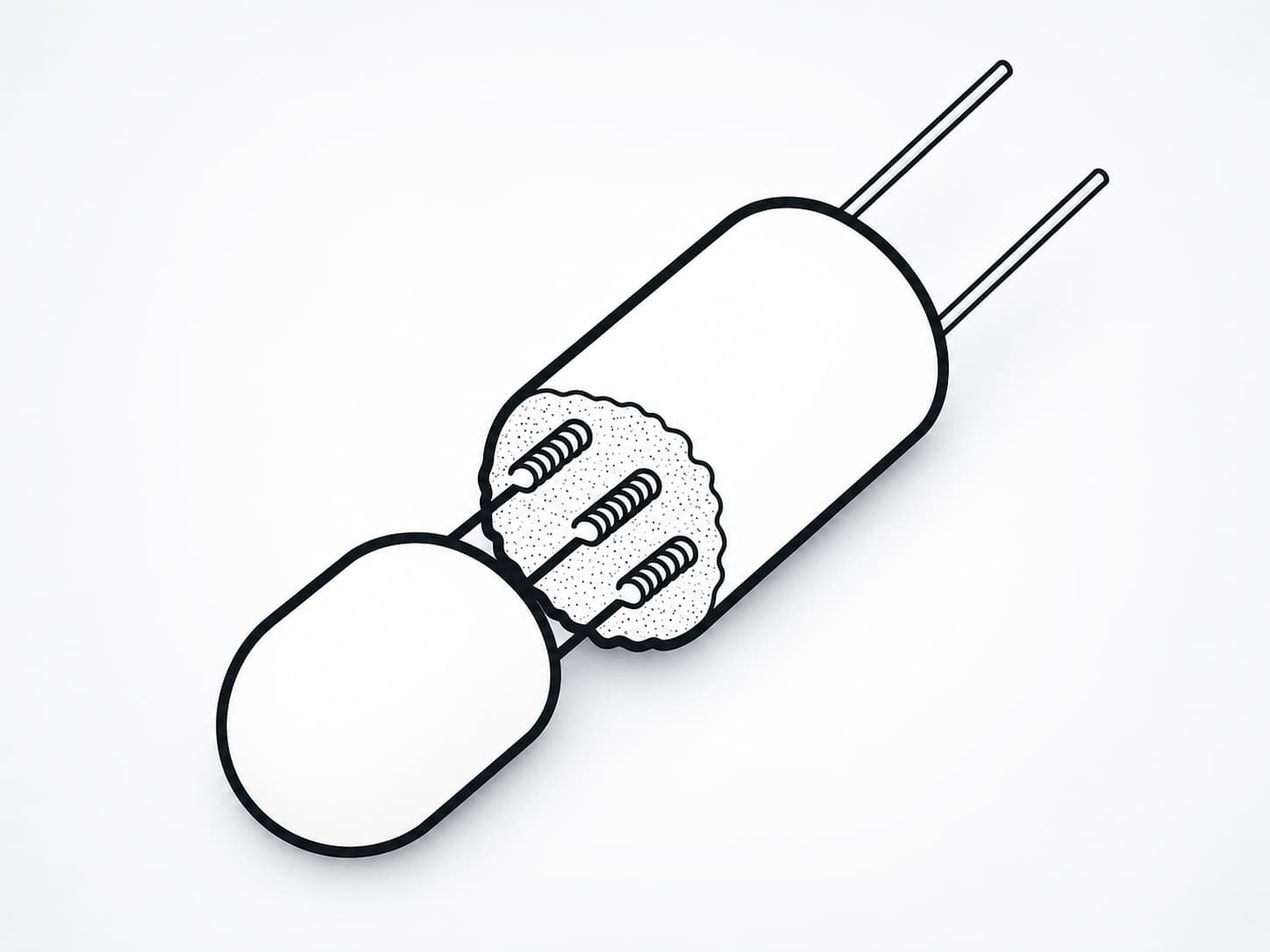Schematic illustration of a cylindrical ceramic-housed platinum resistance detector, showing the alumina body, platinum coil sections, support material and two external lead wires.
